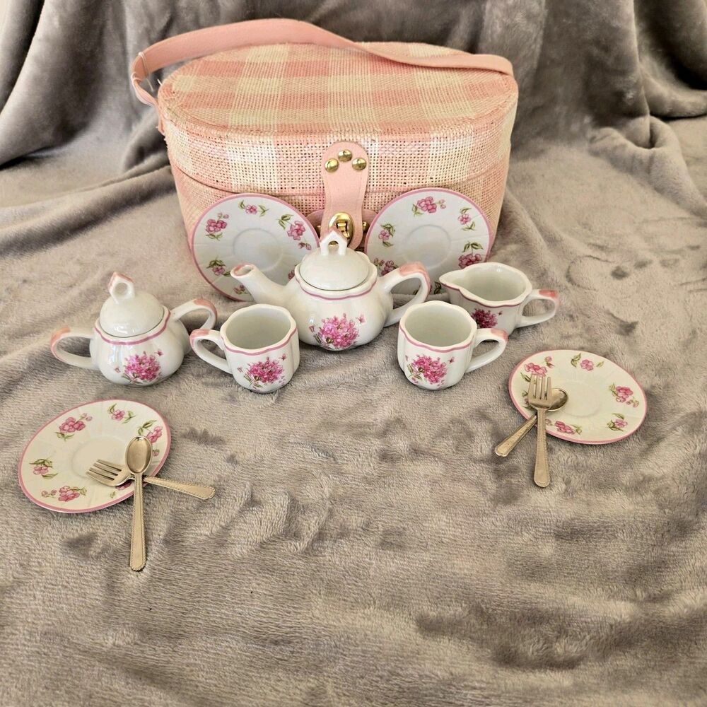 Delton Fine Collectible Miniature Porcelain Tea Set Pink Rose Basket Cottagecore